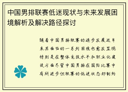 中国男排联赛低迷现状与未来发展困境解析及解决路径探讨