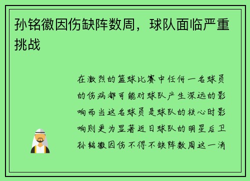 孙铭徽因伤缺阵数周，球队面临严重挑战